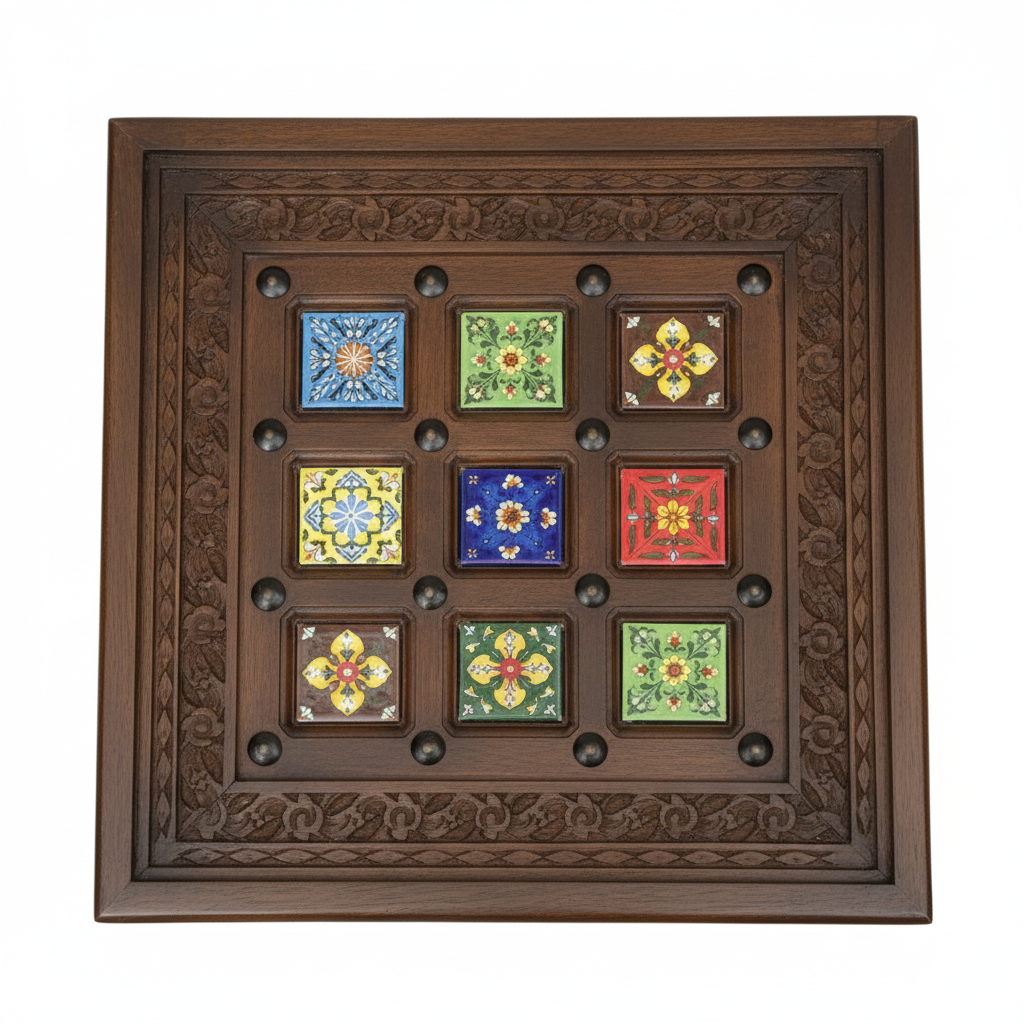 Blue Pottery tile-top side table – top-down view white background