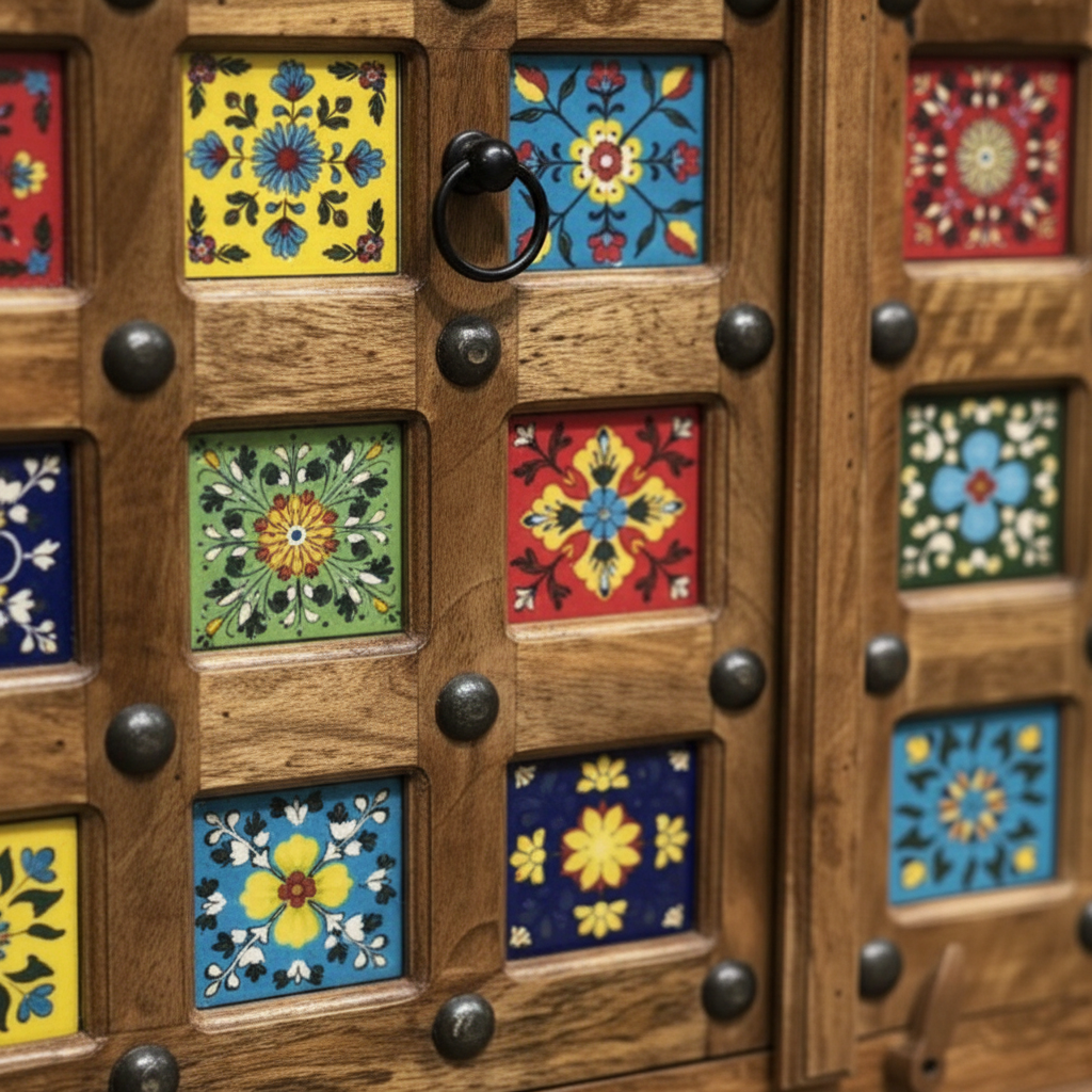 Close-up of Blue Pottery tile door grid with iron dome nail studs and carved acanthus wood frame
