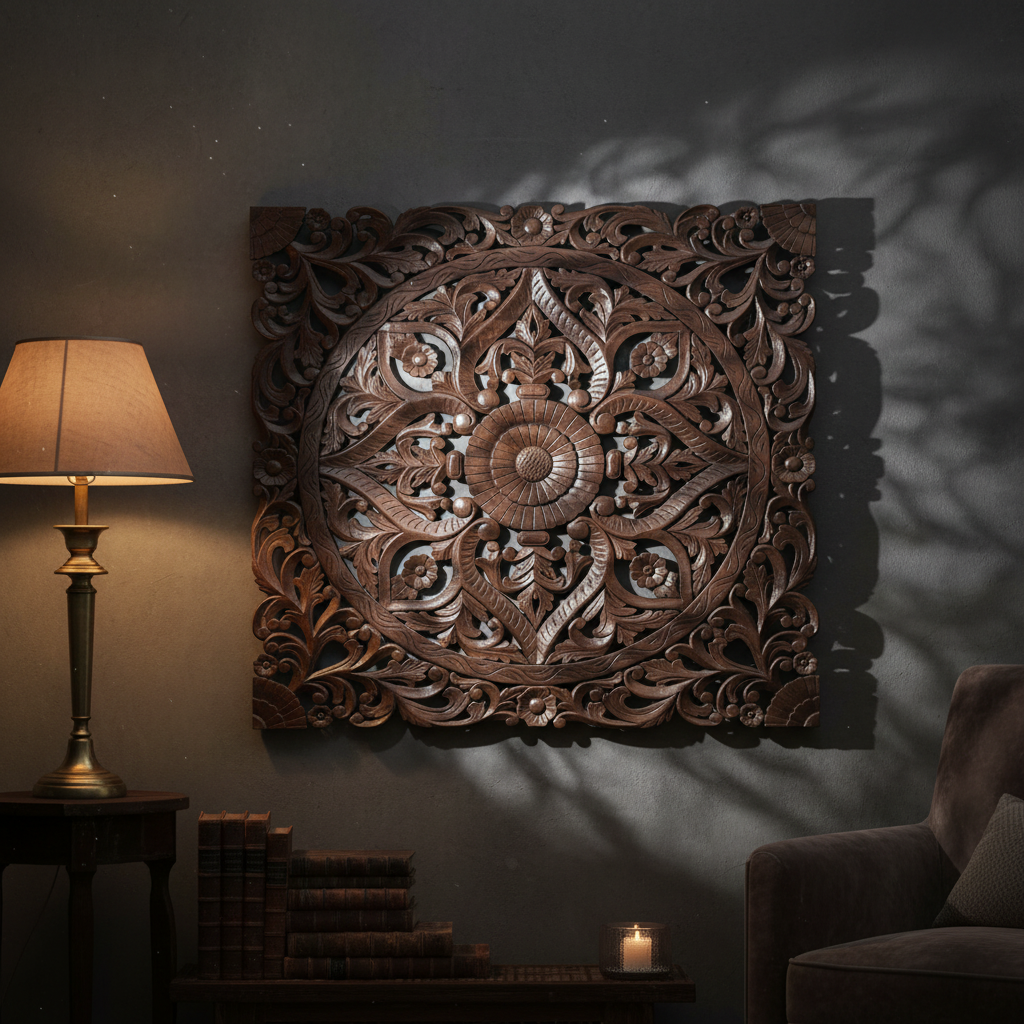Dark wood mandala wall panel II – moody room with vine shadow patterns