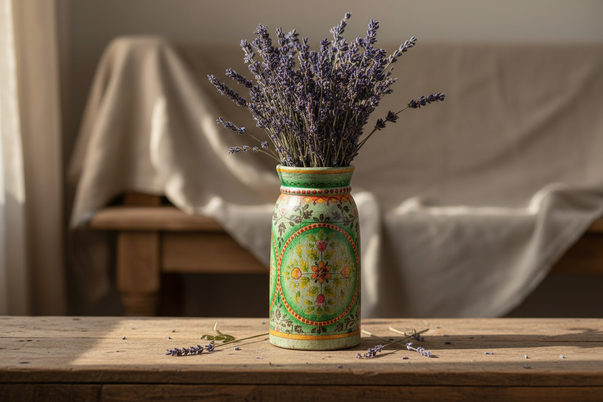 Hand-painted mango wood vase with dried lavender spilling onto a rustic wooden surface