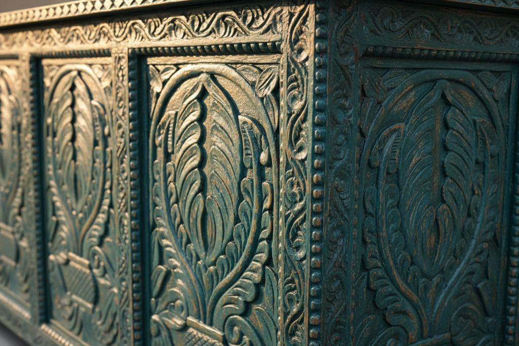 Close-up of distressed teal carved side panel showing palmette acanthus relief and worn paint grain texture
