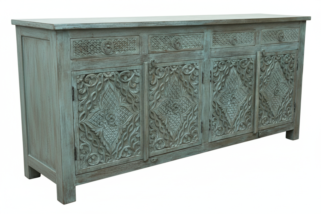 Hand-carved sage teal sideboard – left angle white background