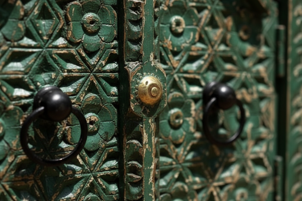 Close-up of dense star and floral geometric jali carving on green shutter panel