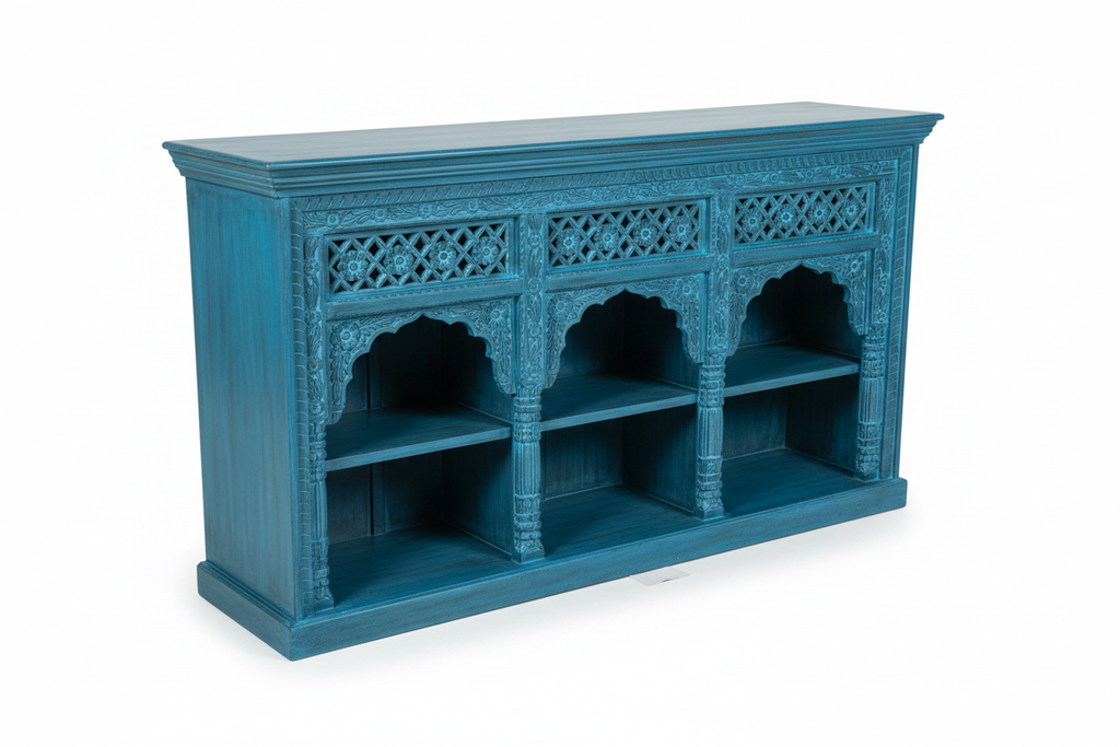 Hand-carved cobalt blue triple arch media console – elevated three-quarter white background