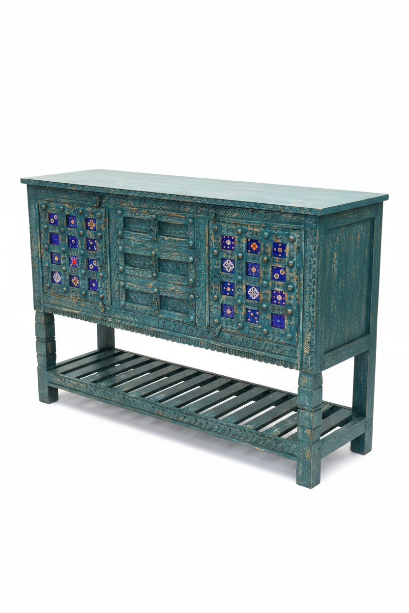 Hand-carved deep teal sideboard – elevated three-quarter white background
