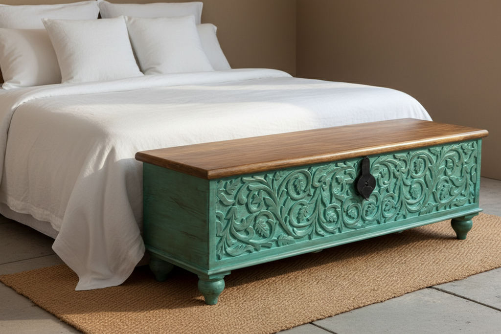 Hand-carved turquoise mango wood storage trunk – left angle at foot of bed