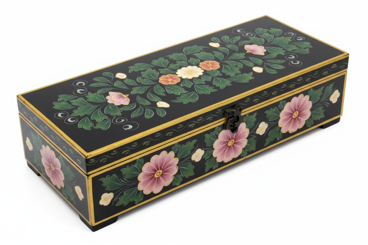 Hand-painted black and gold airy floral mango wood keepsake box 3/4 angle on white background