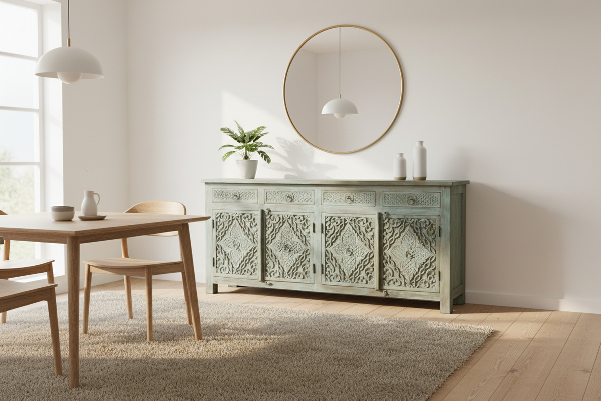 Hand-carved sage teal sideboard – styled in bright Scandinavian dining room