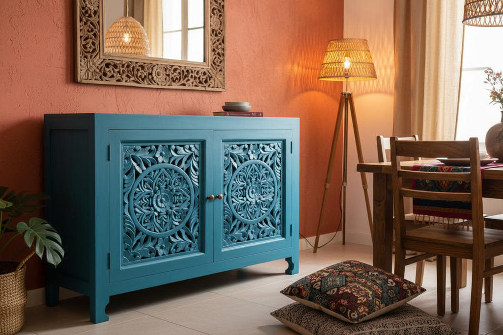 Hand-carved turquoise mandala sideboard – front-left angle in bohemian dining room