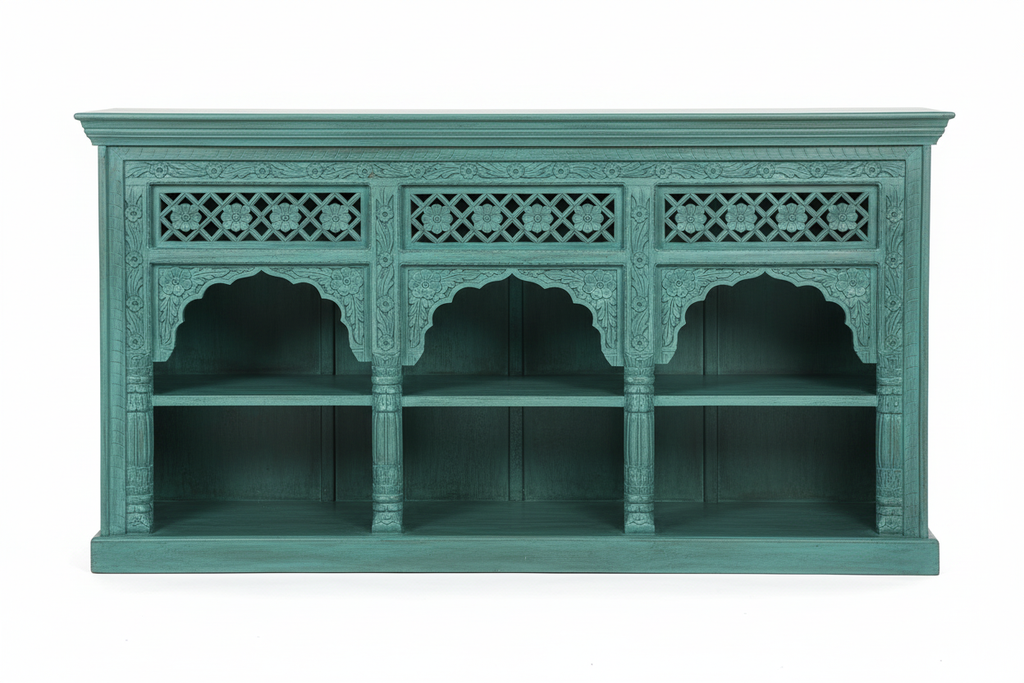 Hand-carved turquoise triple arch media console – front view white background