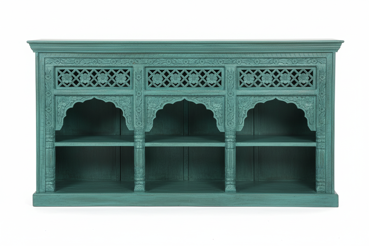 Hand-carved turquoise triple arch media console – front view white background
