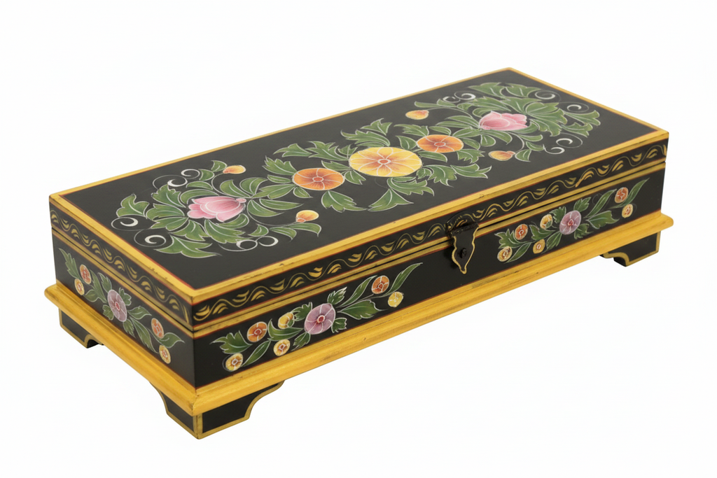 Hand-painted black and gold mango wood keepsake box 3/4 angle on white background