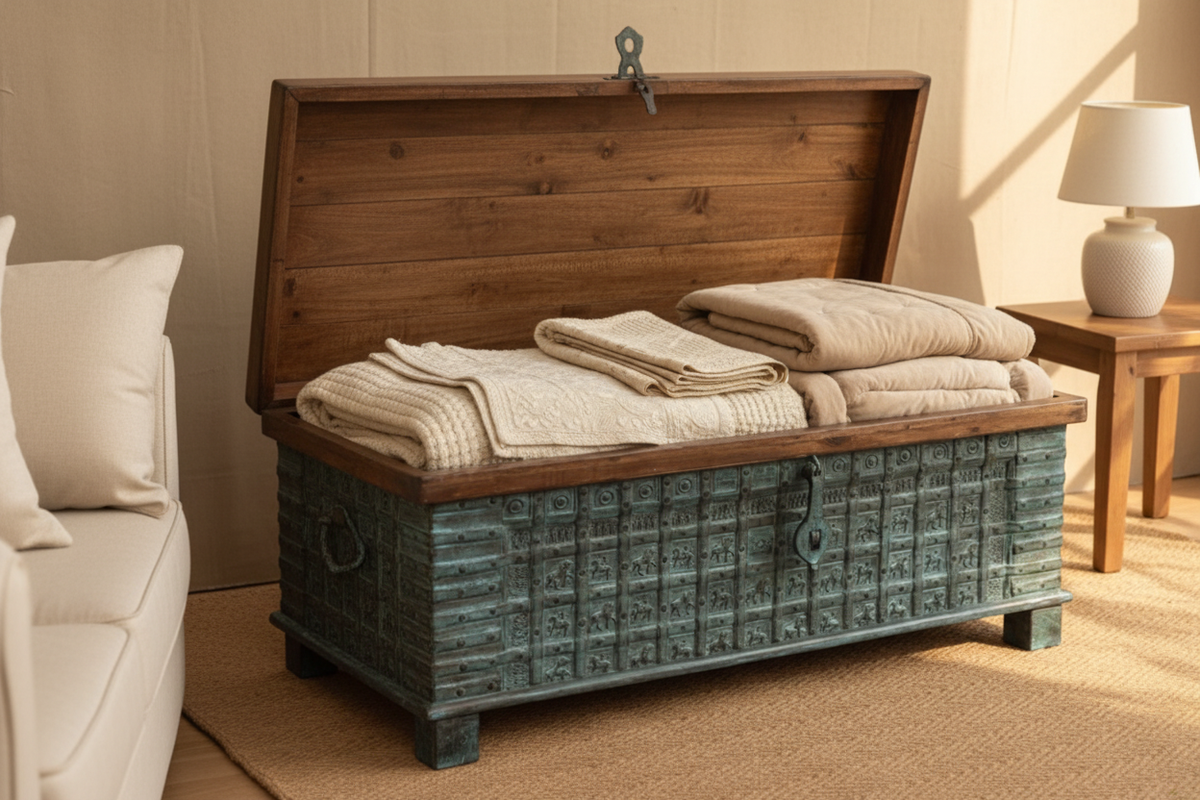Rajasthani chest – lid open showing interior storage with textiles