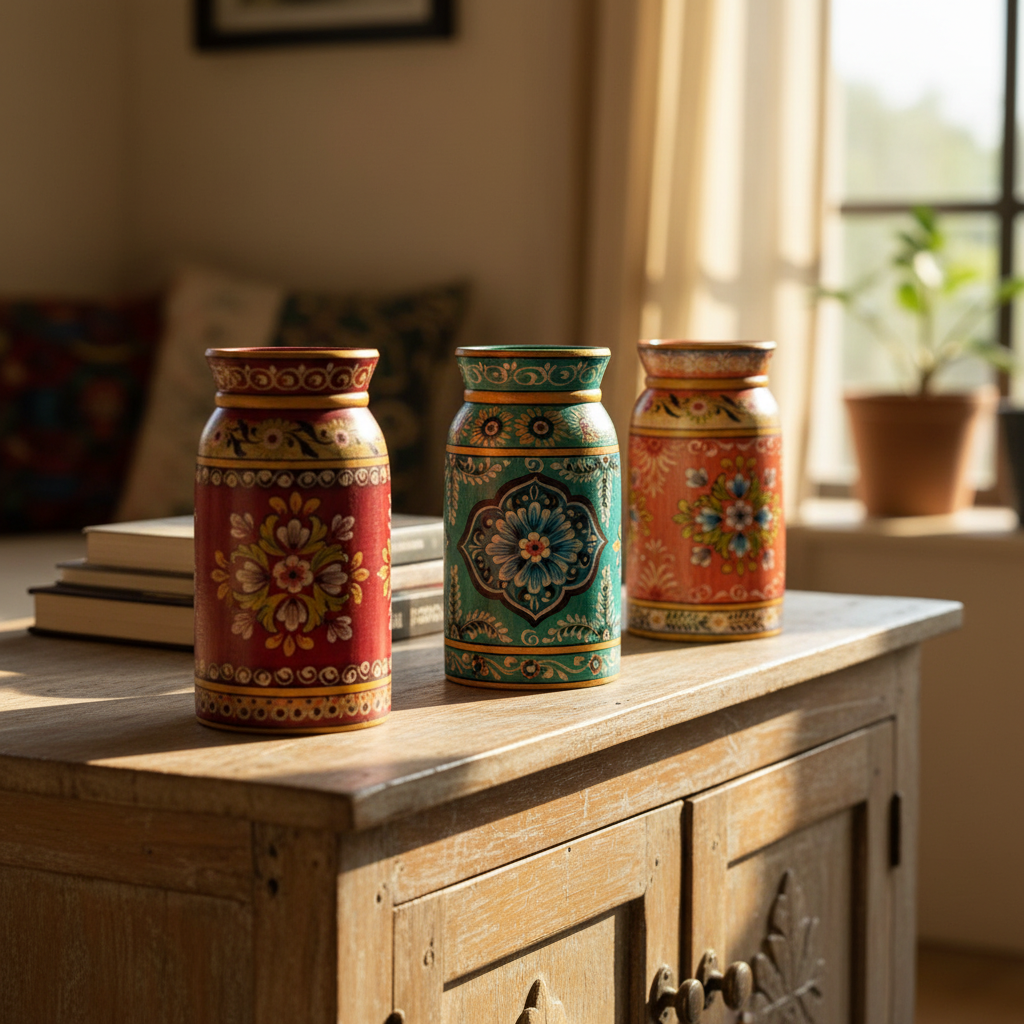Group of three Rajasthani milk pot vases in different colourways on shelf