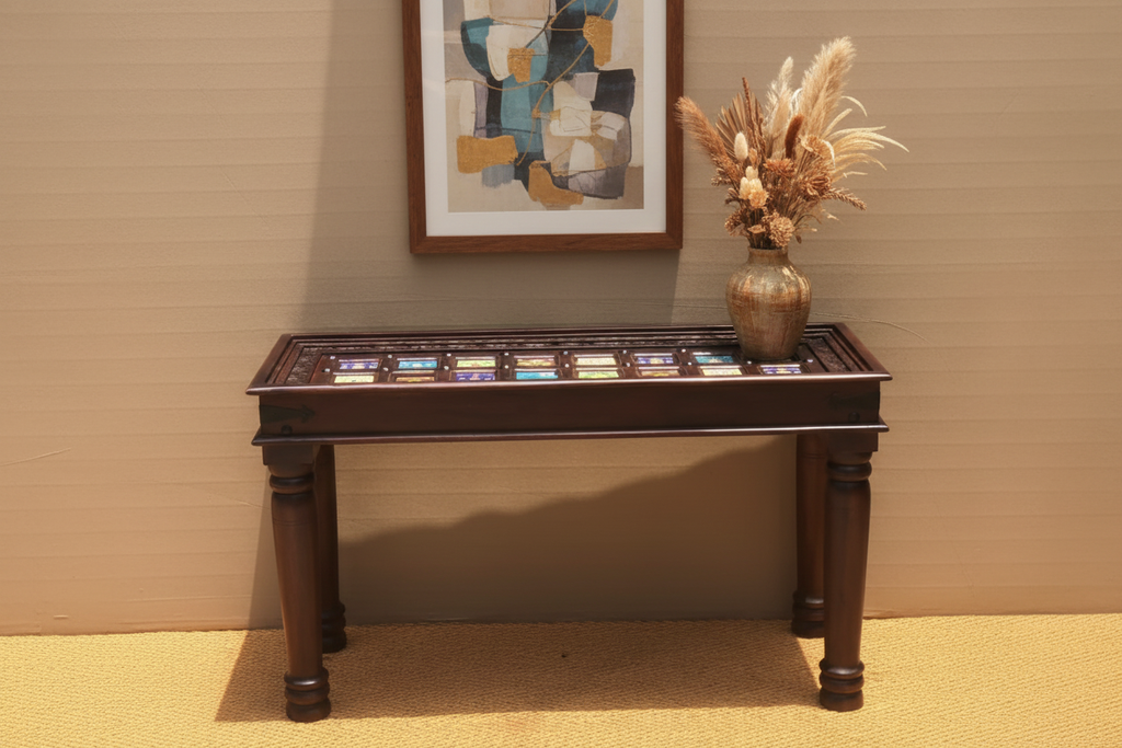 Blue Pottery console table – hero in elegant entryway with dried flowers and framed art above