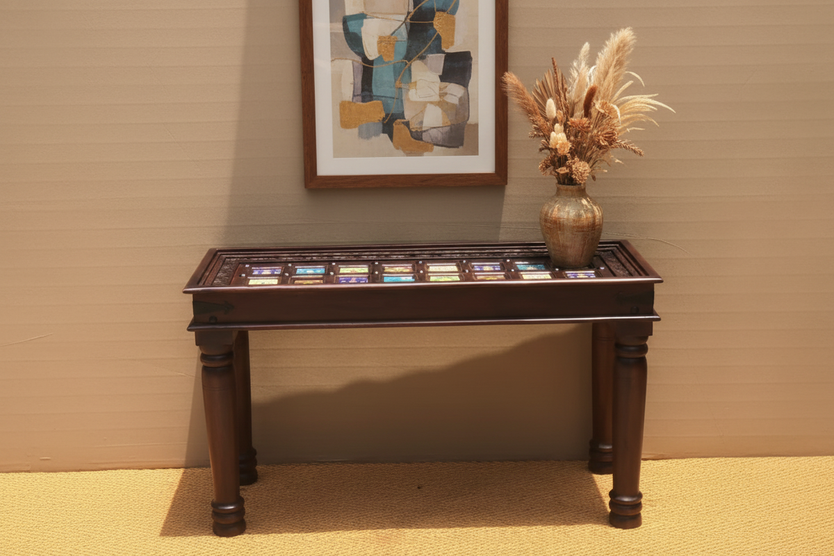 Blue Pottery console table – hero in elegant entryway with dried flowers and framed art above