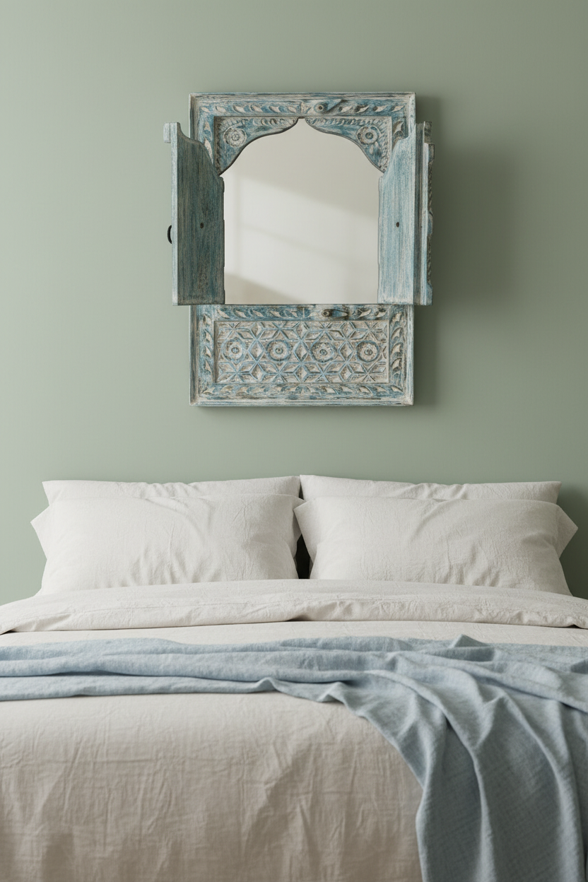 Blue-grey teal Jharokha mirror – coastal bedroom sage green wall