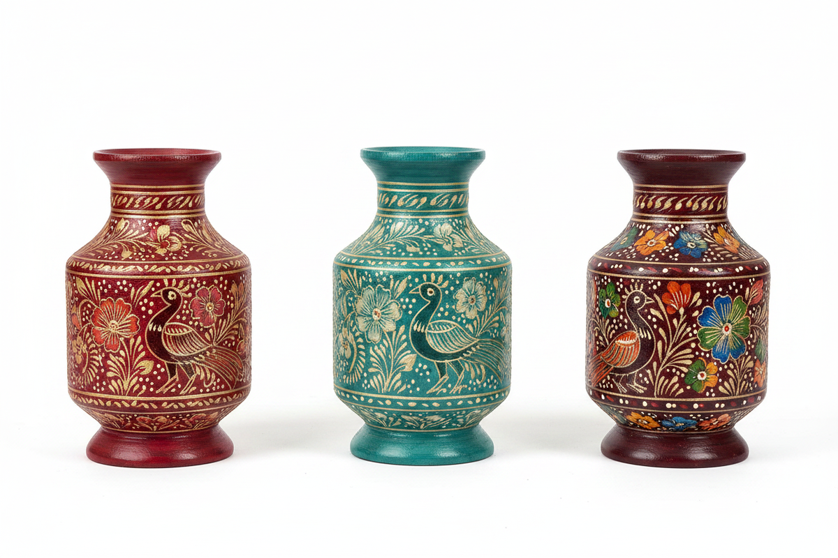 Row of three Rajasthani milk pot vases in different colourways – white background