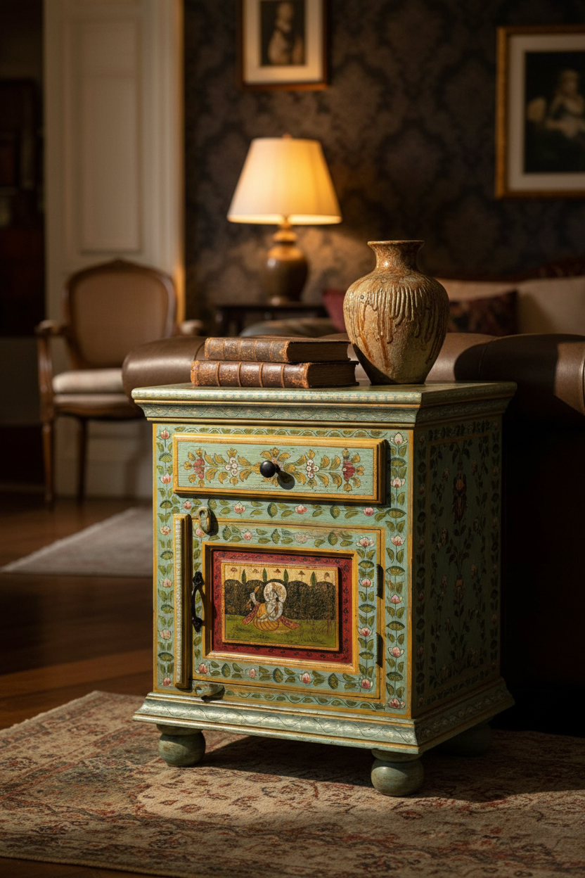 Mughal miniature teal cabinet – eclectic living room as accent side table