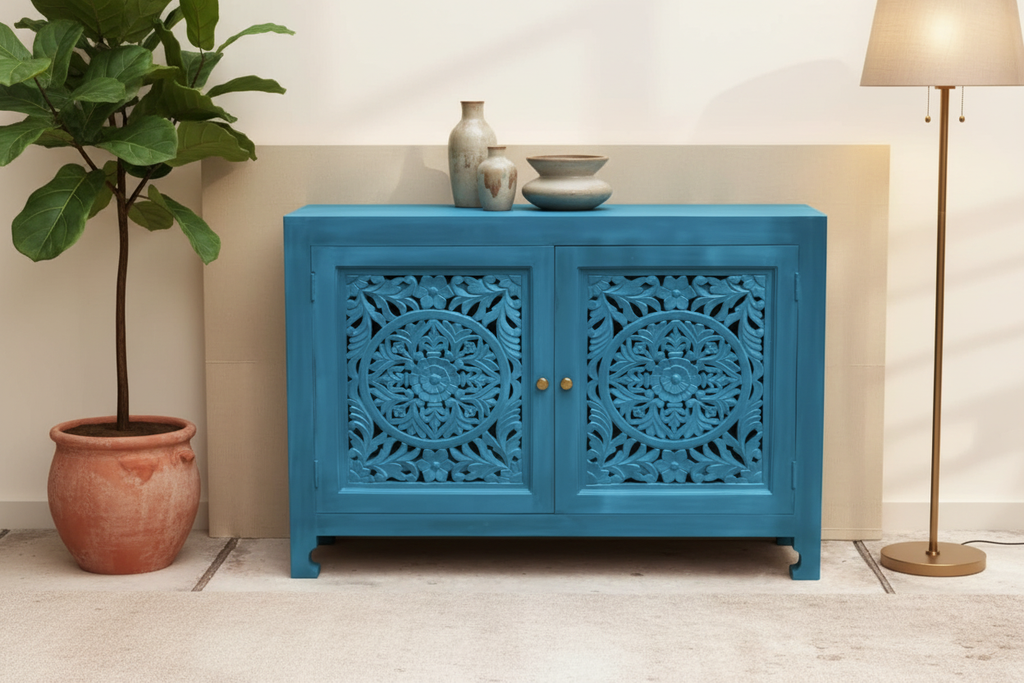 Hand-carved turquoise mandala sideboard – hero front in warm living room