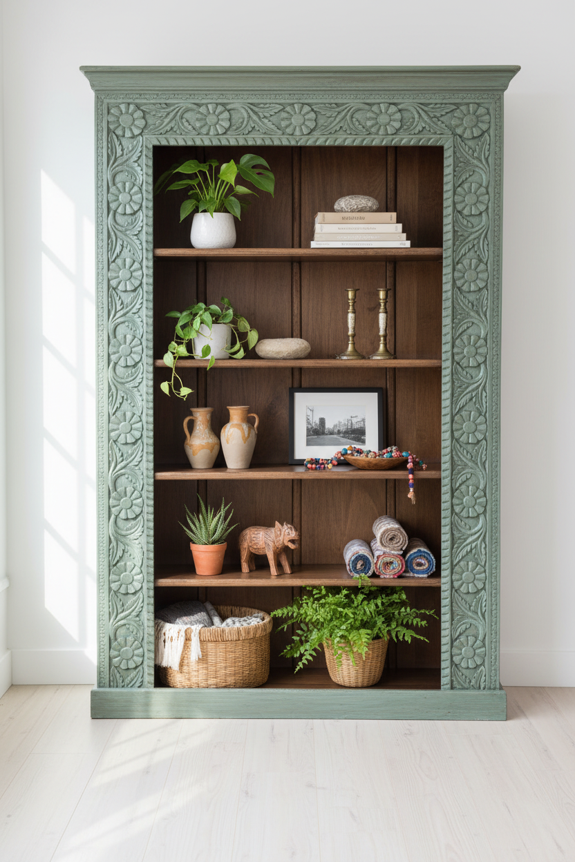 Teal carved bookcase – minimalist white room with curated display objects and plants