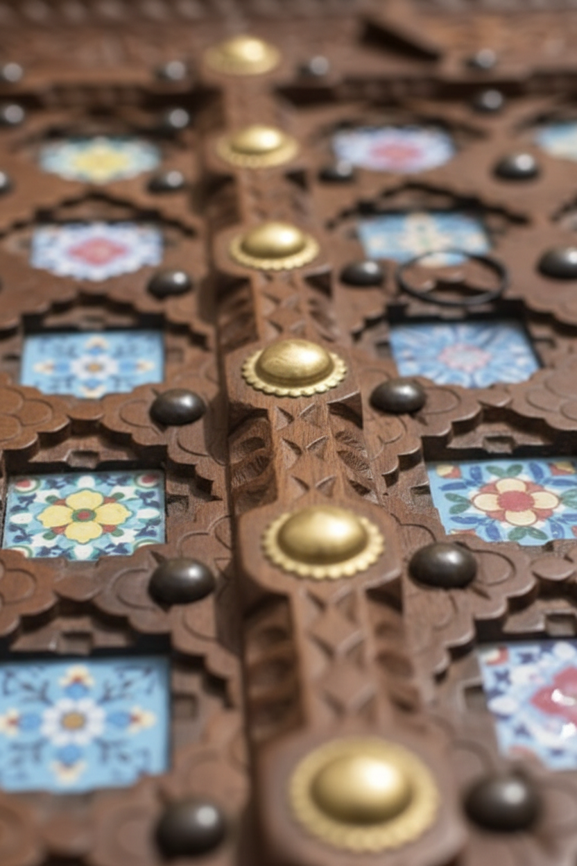 Close-up of hand-painted glass tile inlays and polished brass dome studs on dark walnut panel