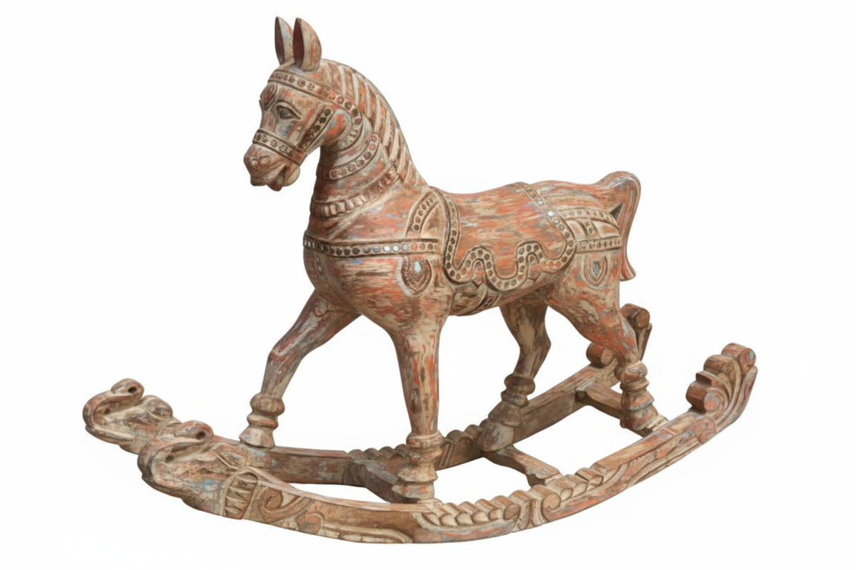 Hand-carved polychrome rocking horse – elevated three-quarter white background