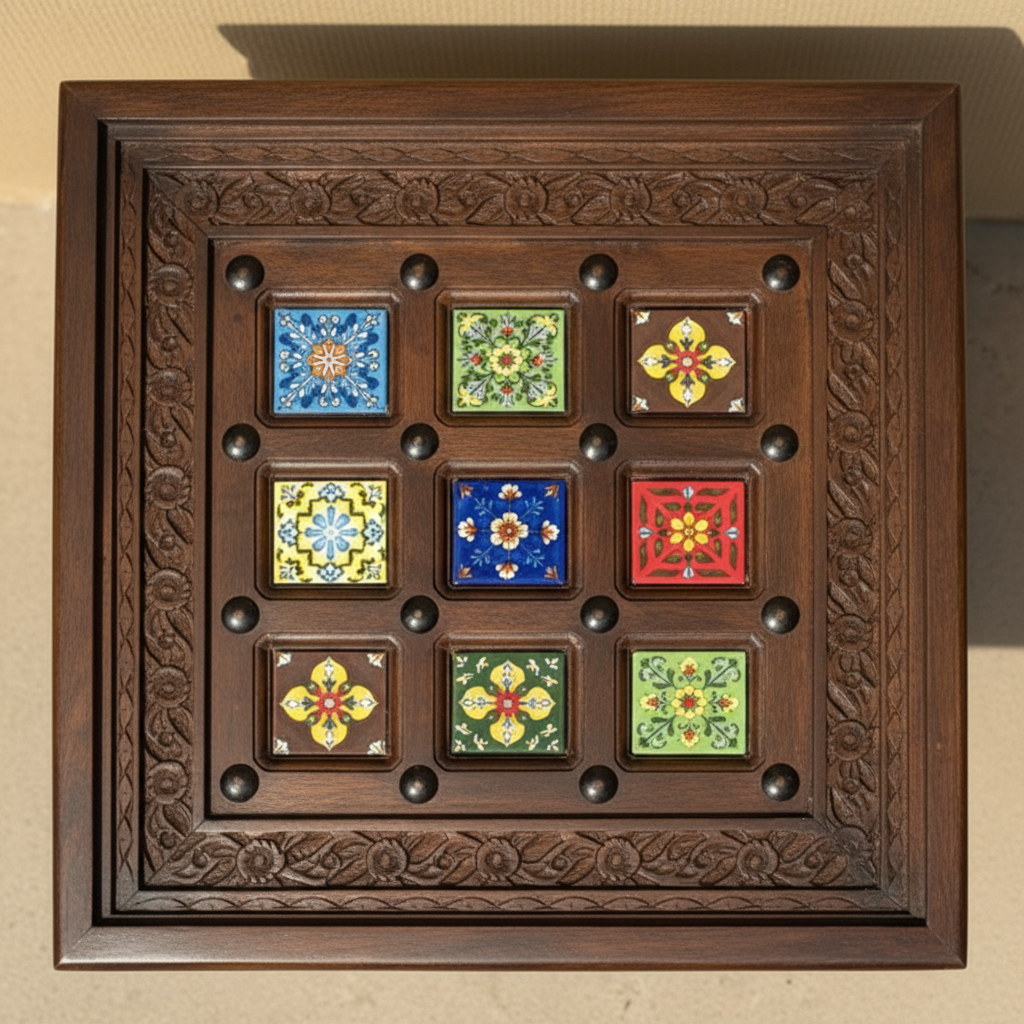Top-down flatlay of 12 Blue Pottery tiles in dark wood lattice with dome bosses