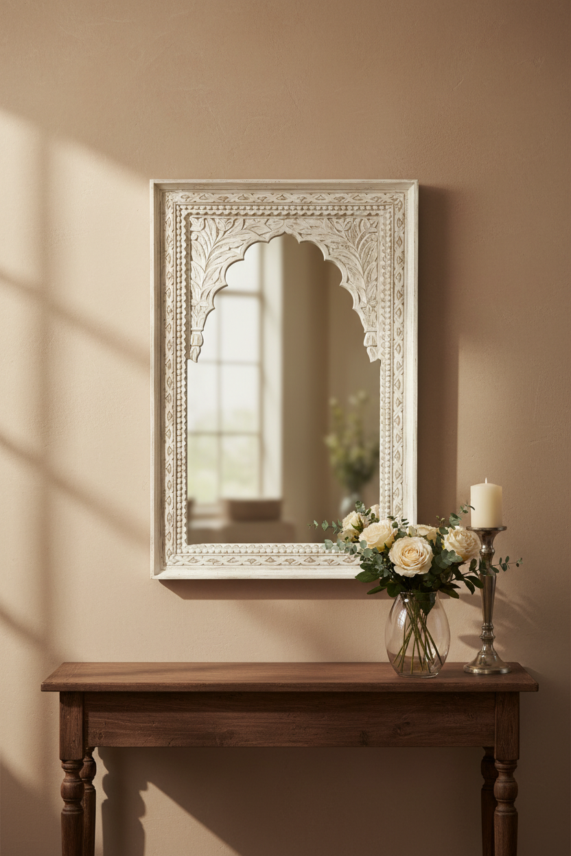 Hand-carved antique white Jharokha mirror – hero in elegant entryway