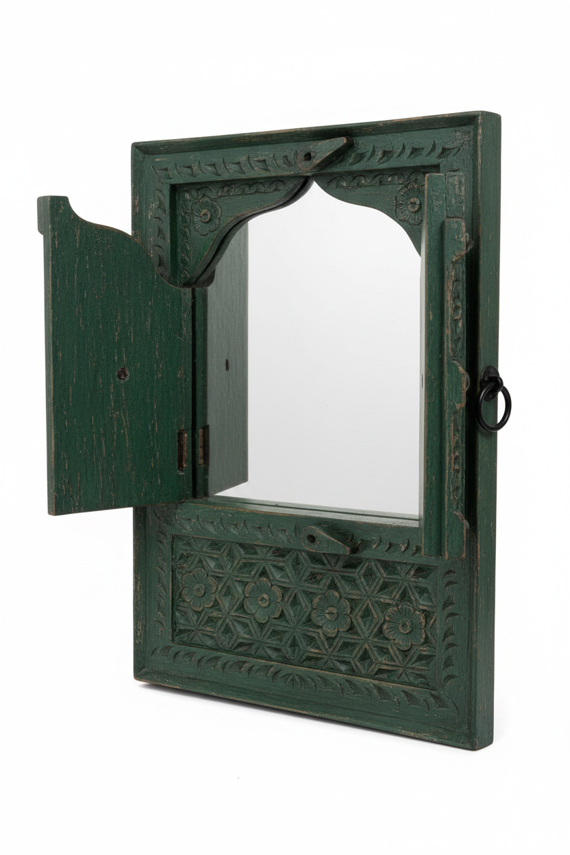 Green Moroccan Jharokha mirror single – open three-quarter white background