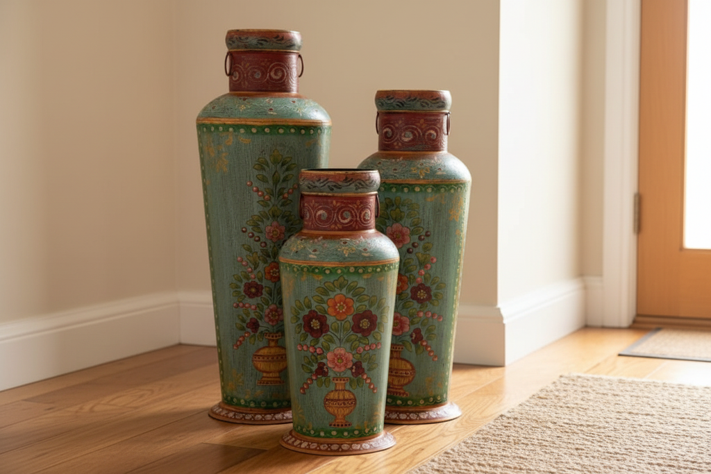 Three teal floral metal floor vases grouped in warm entryway — large, medium and small