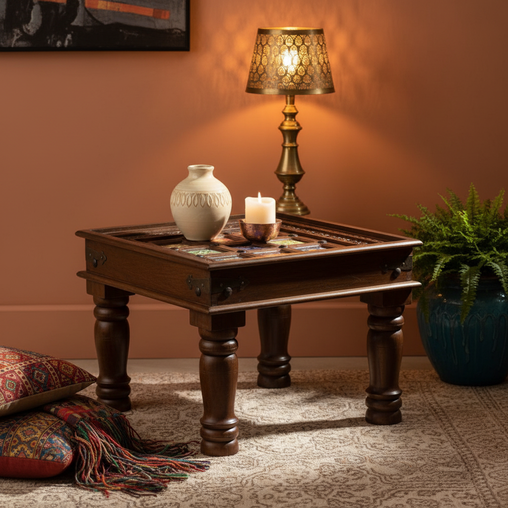 Blue Pottery tile-top side table – Rajasthani eclectic room with terracotta wall