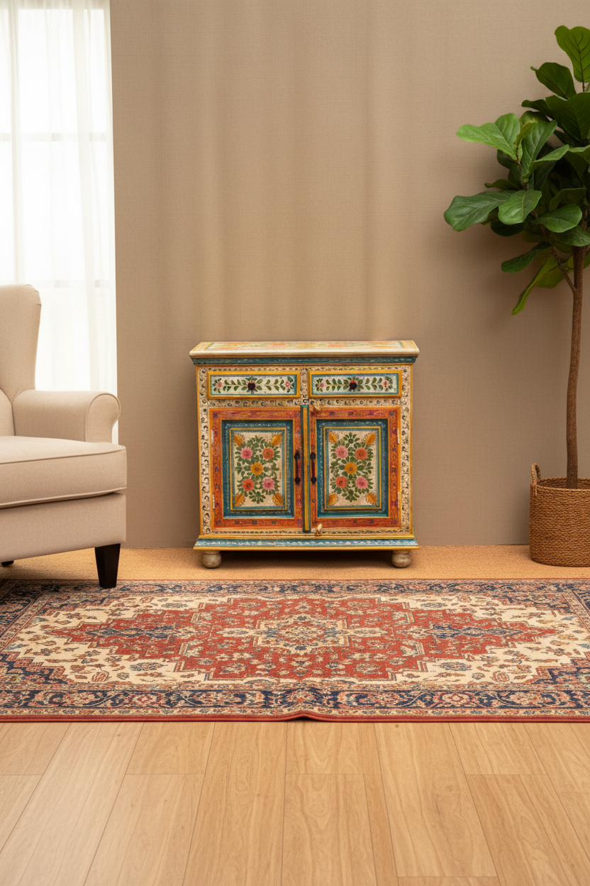 Hand-painted Rajasthani cabinet – front view in warm living room setting
