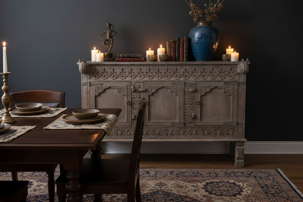 Whitewash three-door sideboard – eclectic dark-walled dining room