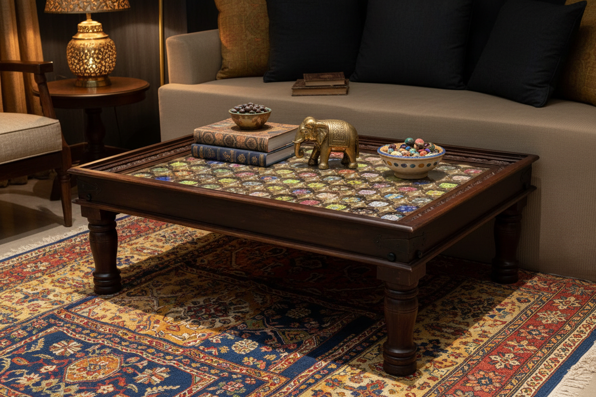 Jharokha coffee table – rich Rajasthani eclectic room with dark walls and layered rugs