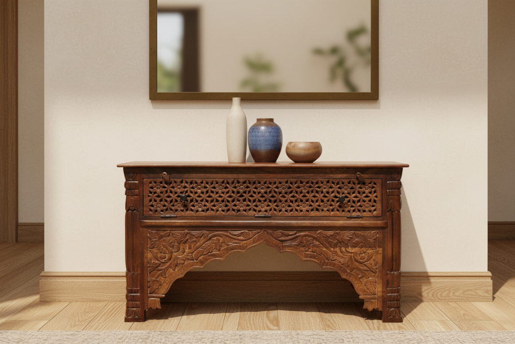 Hand-carved natural mango wood console table – hero front view in elegant entryway