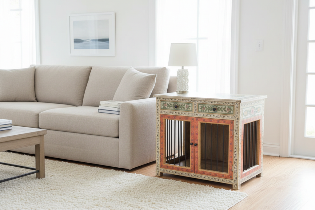 Ivory vine Rajasthani dog kennel in bright Hamptons-style living room with linen sofa