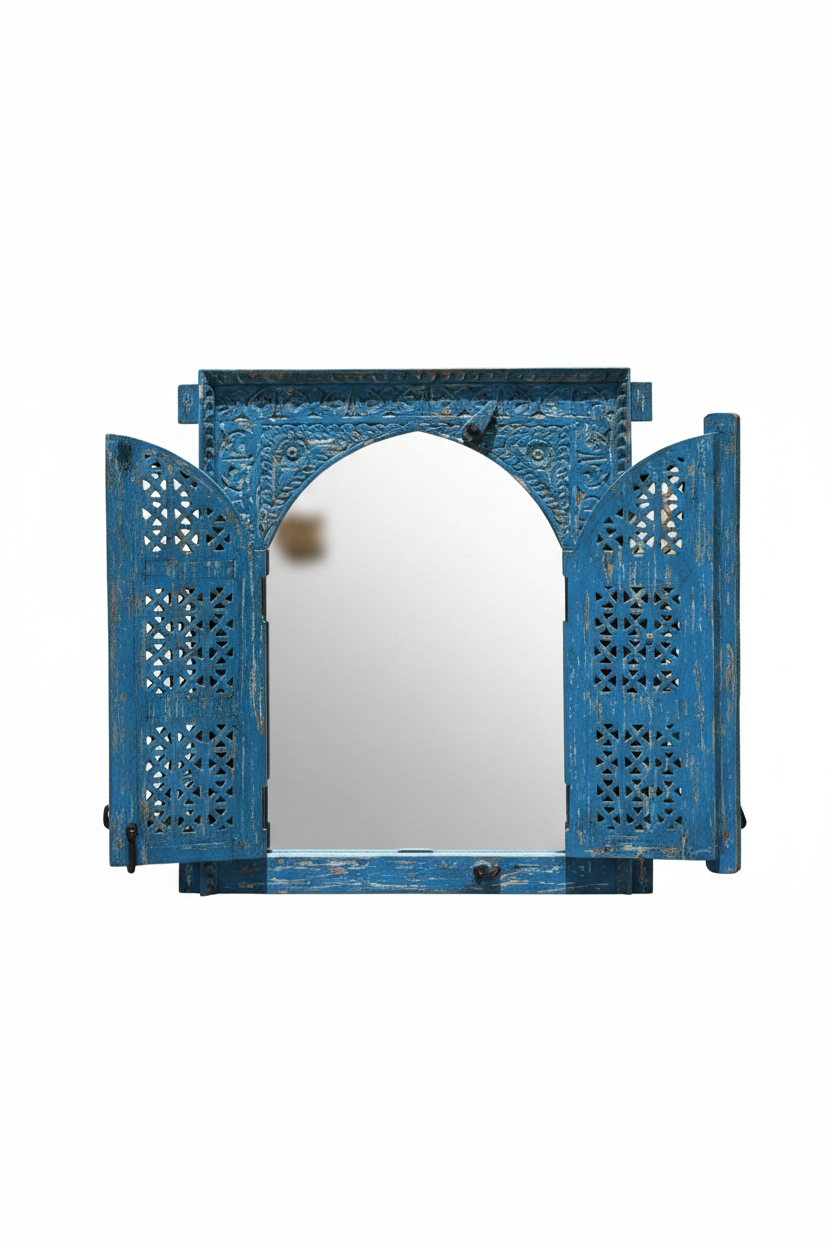 Antique cobalt blue jali window mirror – doors open mirror visible white background