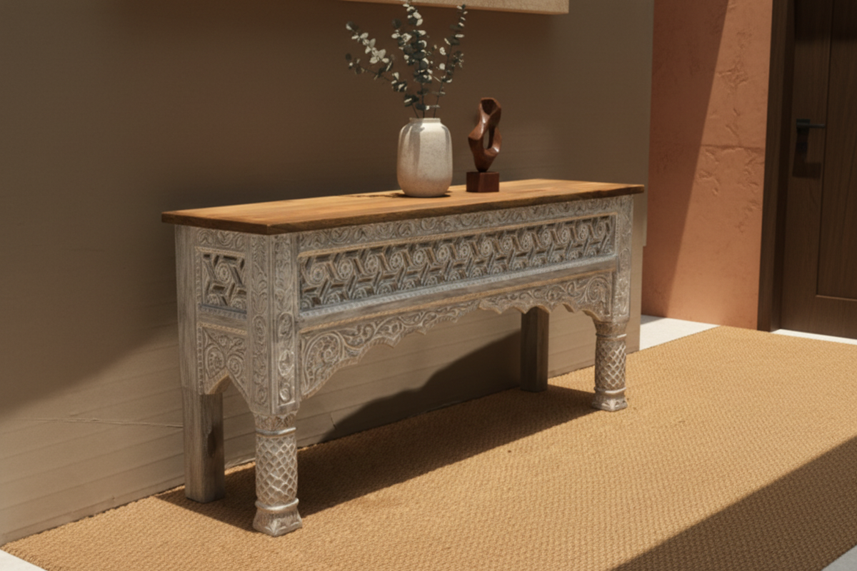 Hand-carved whitewash fretwork console table – left angle with ceramics on top