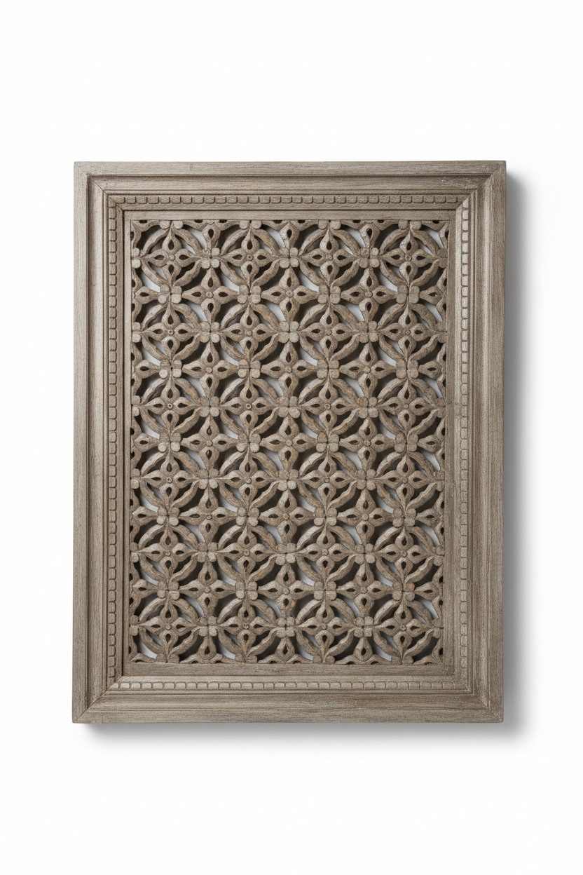 Antique grey-silver framed jali wall panel – front view white background