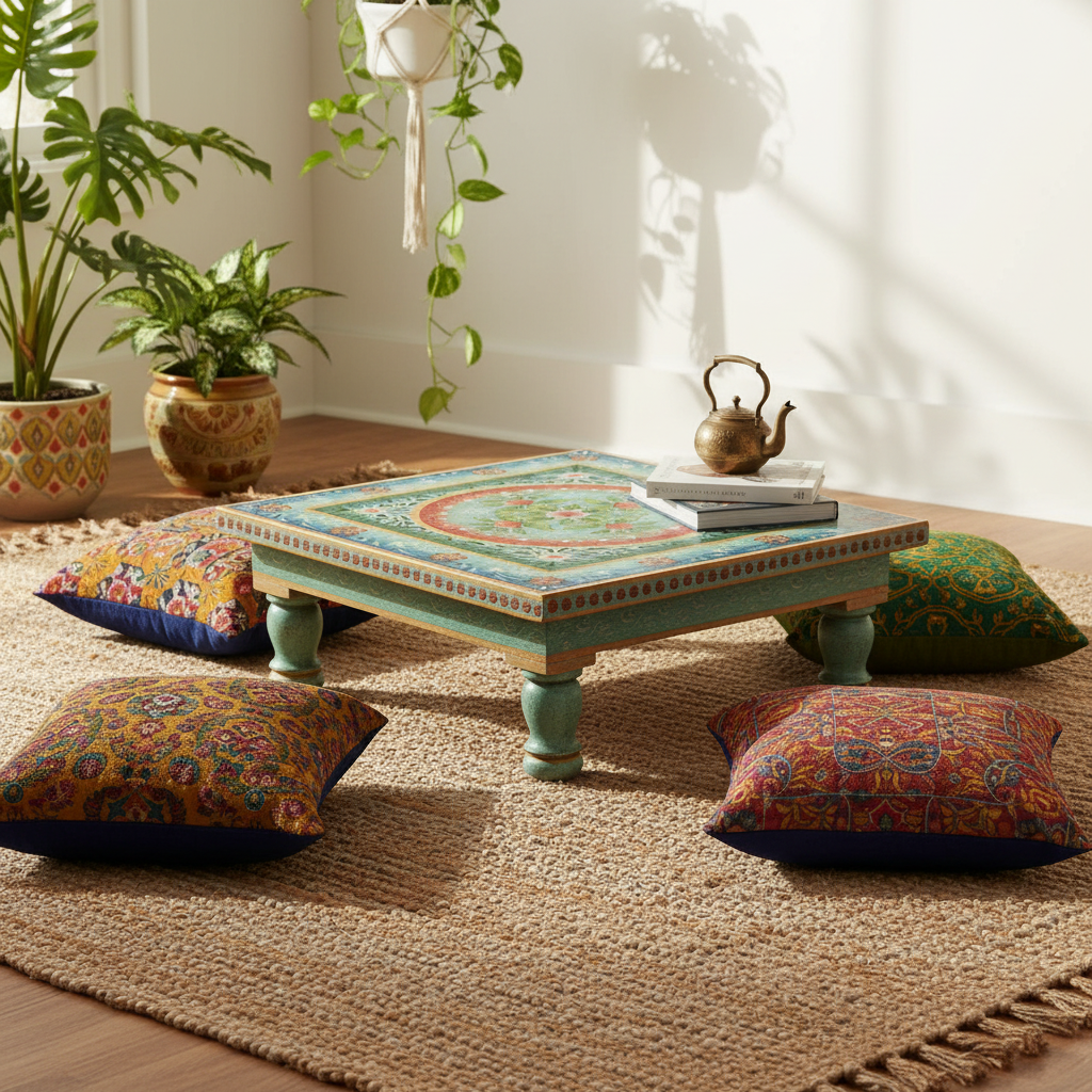 Hand-painted teal Bajot low table – bohemian living room
