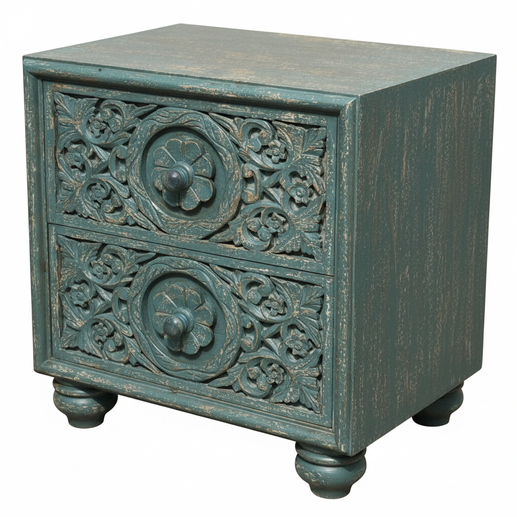 Teal two-drawer bedside chest – elevated three-quarter white background