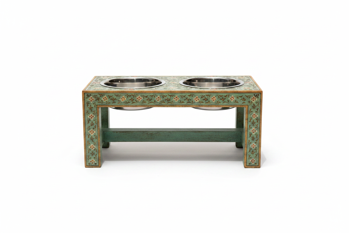 Sage green Rajasthani dog bowl stand front-on flat view on white background