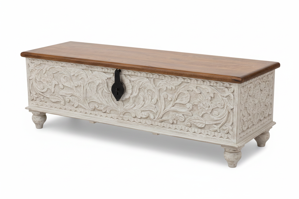 Hand-carved whitewash storage trunk – elevated three-quarter white background