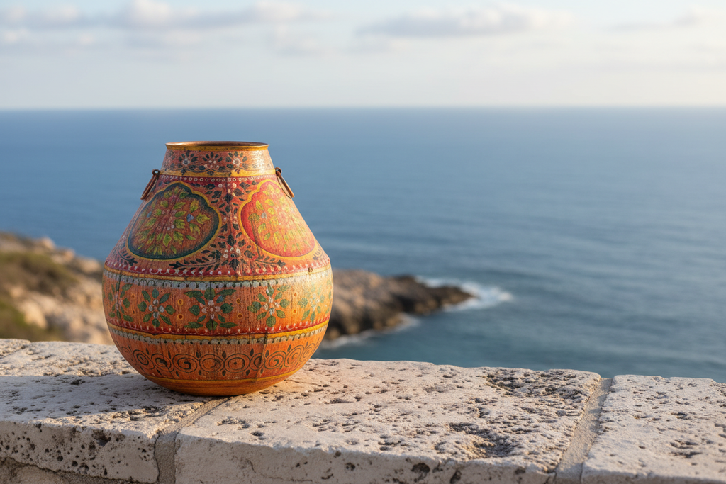 Iron Urn — Orange & Red Floral, Ocean Backdrop