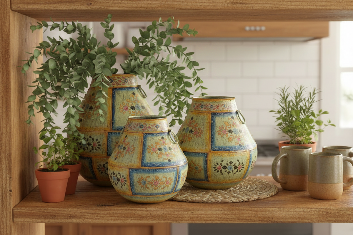 Iron Urn Set — Cream & Blue, Eucalyptus in Largest