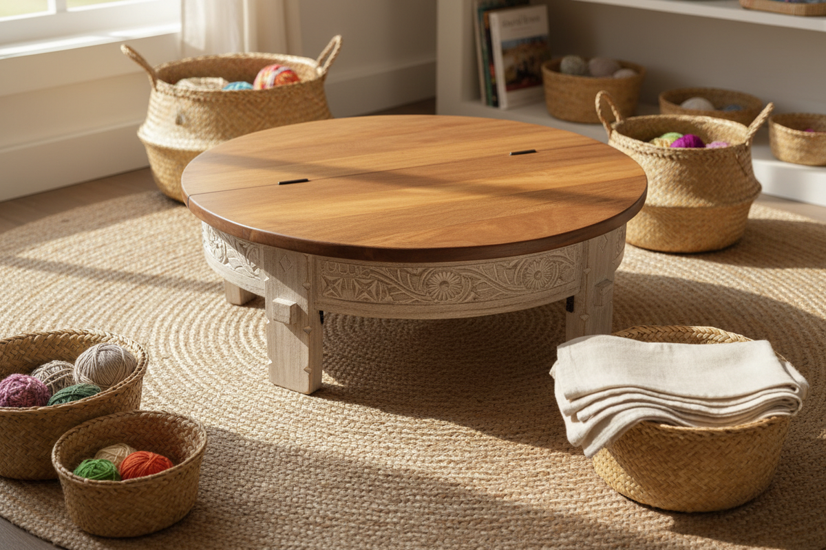 Round Storage Table — Right Pattern, Craft Room