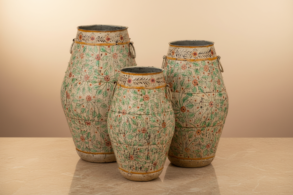 Set of 3 — Green & White Distressed
