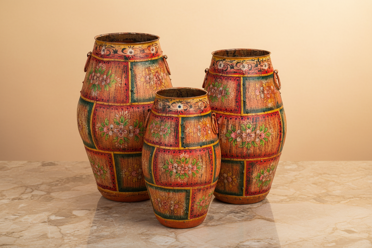 Set of 3 Iron Urn Vases — Premium