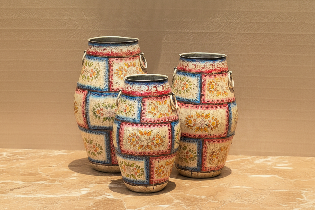 Set of 3 — Pink Blue & White Patchwork Distressed